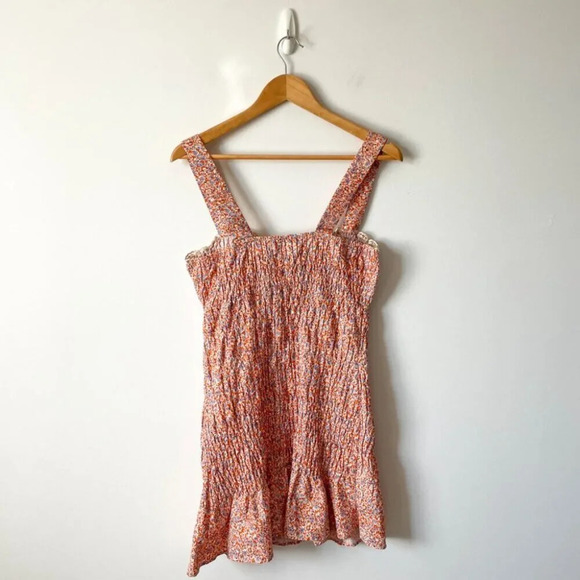 Zara Ditzy Floral Smocked Elasticized Mini Dress Orange Lilac Size Medium - Picture 7 of 9